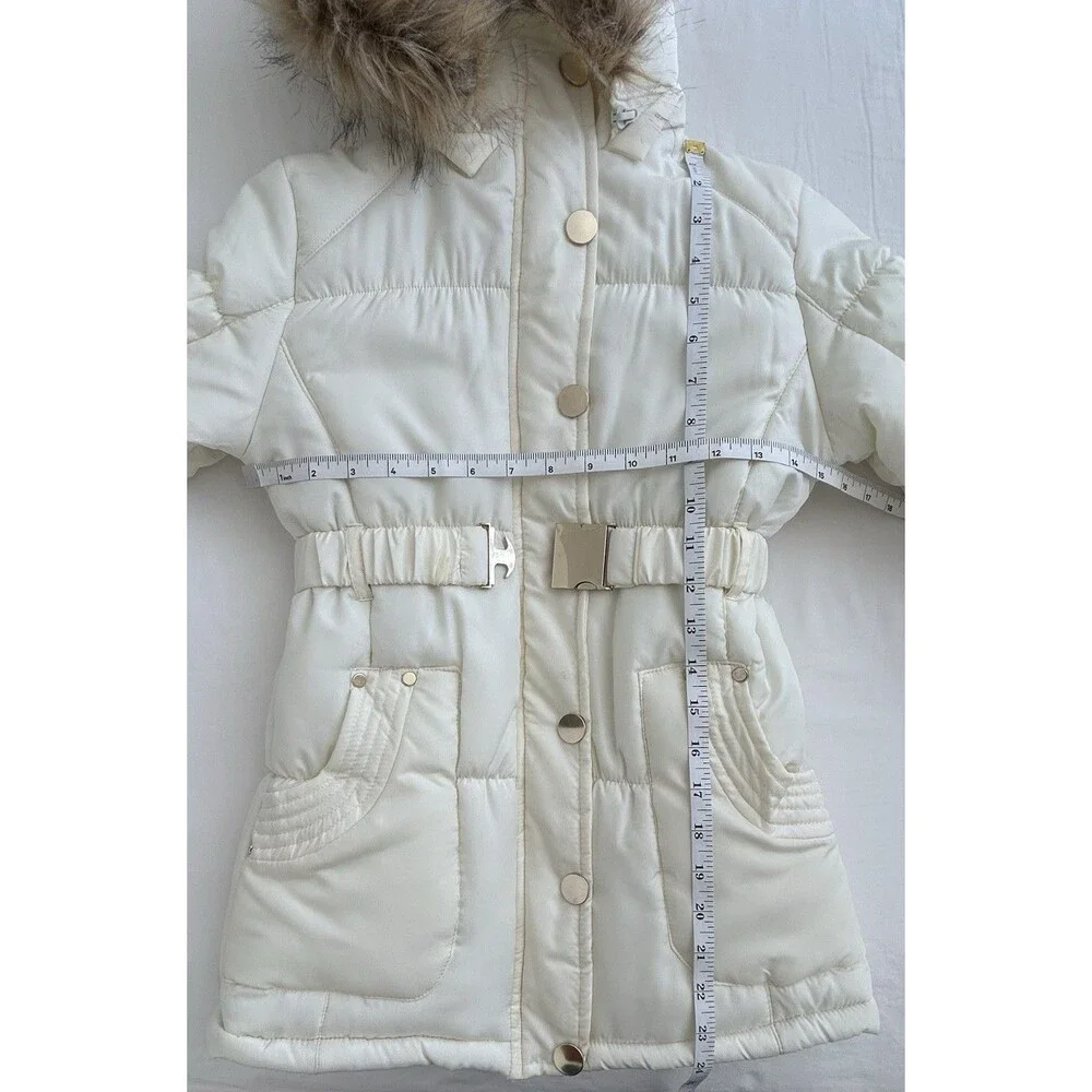 NWOT B•HIP Girls White Winter Puffer Jacket Belted Faux Fur Hood Size 8 Coat
